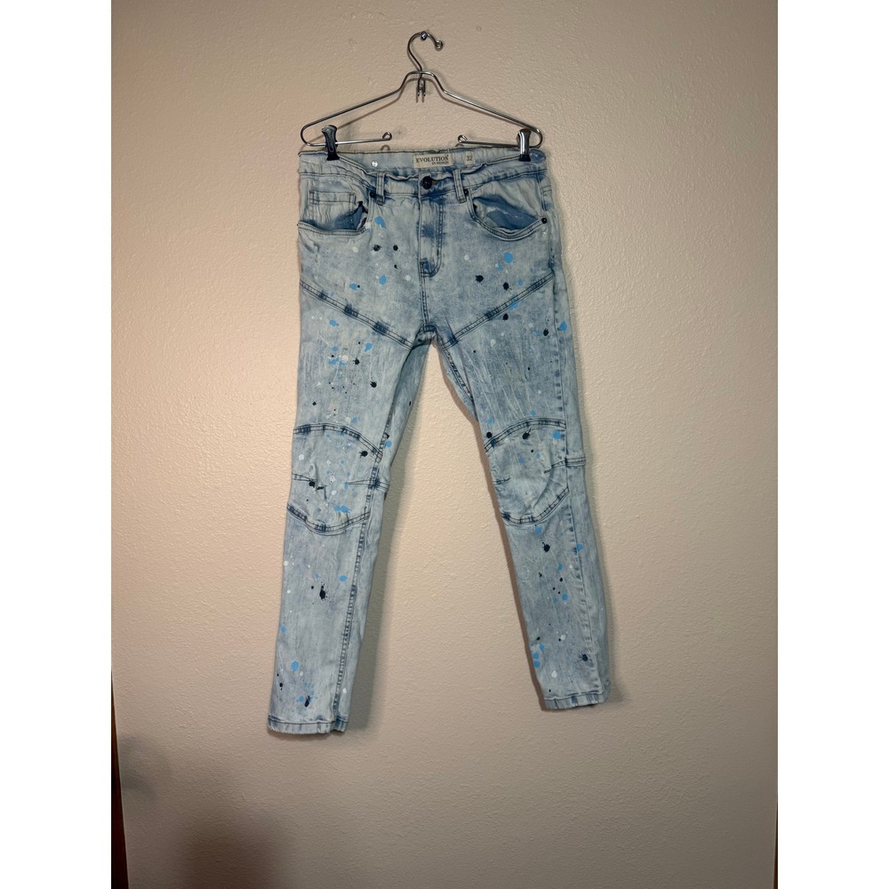 Evolution In Design Mens Moto Jeans 32x30 Acid Wash Paint Splatter Slim Fit Blue
